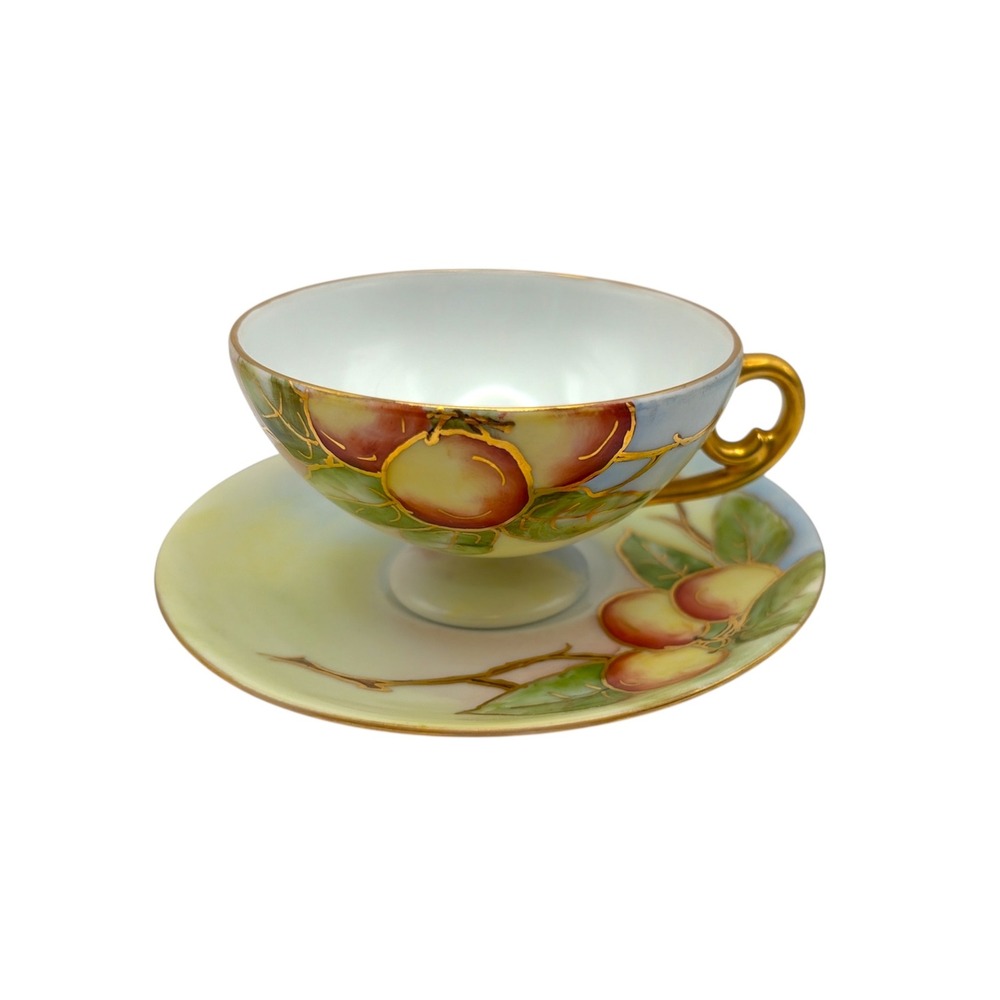 Vintage Hand Painted Peaches Teacup Saucer Set Gold Trim Signed Lundi‎ 1954